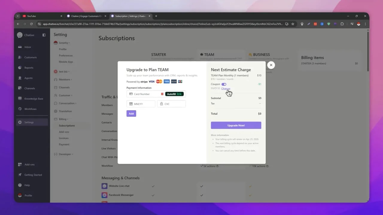 Chative upgrade popup showing applied coupon discount in the total